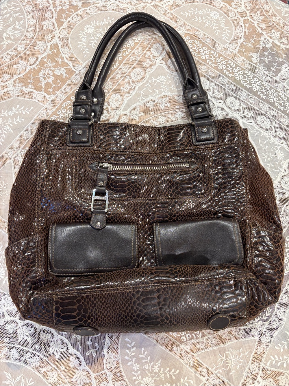 Nine West Brown Faux-Snakeskin Tote with Dual Front Pockets